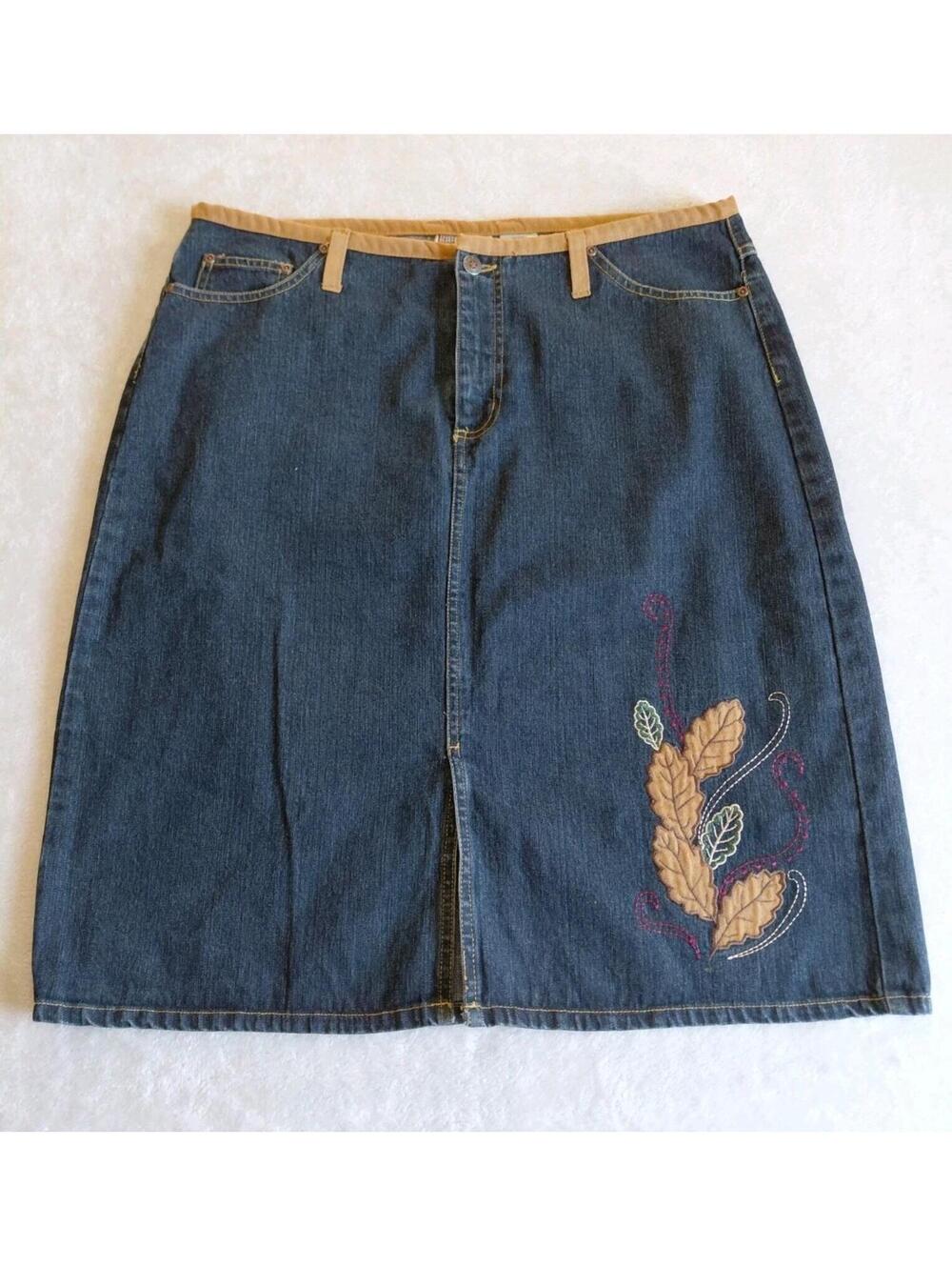 Y2K Denim Skirt 16 W Embroidered Leaf Knee Length A Line Brown Faded Glory